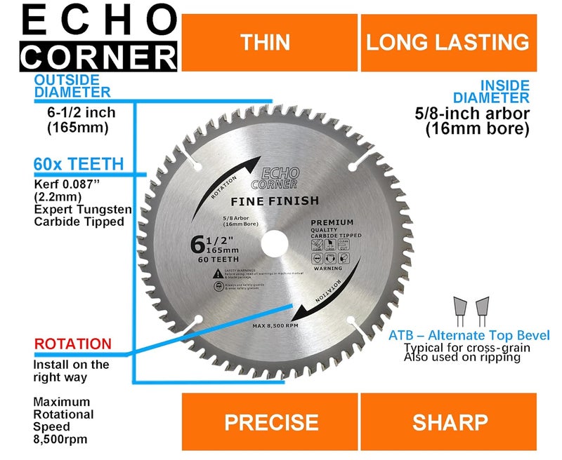 Echo Corner 6-1/2 Inch Fine Finish Wood Cutting Circular Saw Blade, Fine Cut Crosscut Framing Plywood MDF Plastic Veneer Lumber Laminate, 5/8 Inch Arbor (60-Tooth) - Image 2